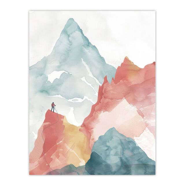 "Artery8 Mountain Climber Hiking Landscape Watercolour Wall Art Print - Size: W24"" x H32""" - image 1