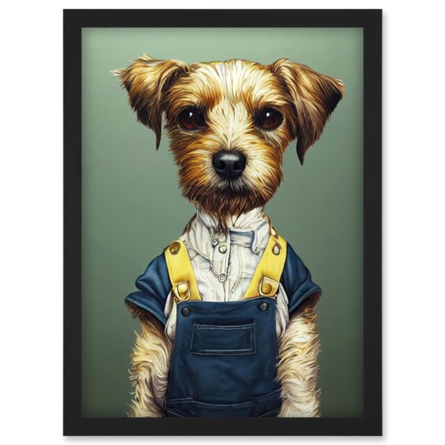 Artery8 Dog In Dungarees Detailed Portrait Photorealistic Artwork Framed Wall Art Print A4 in Black - image 1