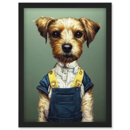 Artery8 Dog In Dungarees Detailed Portrait Photorealistic Artwork Framed Wall Art Print A4 in Black - thumbnail 1