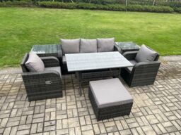 Fimous Wicker PE Rattan Garden Furniture Set Outdoor Rectangular Dining Table & Chair Sofa Set With Side Tables Big Footstool in Dark Grey - thumbnail 2