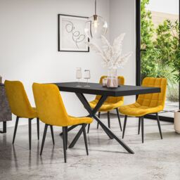 More4Homes Donni Dining Table & Chairs - Black Table Top w Black Legs + Nova Velvet Dining Chair Set Of 6 in Mustard