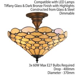 Loops Tiffany Glass Semi Flush Ceiling Light Amber Geometric Inverted Shade i00161 in Clear - thumbnail 2