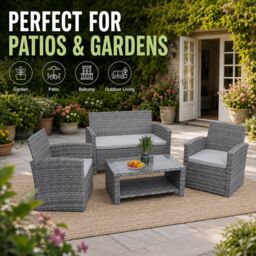 Shatchi 4 Seater Rattan Garden Furniture Set - 2 Chairs, Loveseat Sofa, Coffee Table Outdoor Patio Set in Grey - thumbnail 2