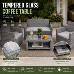 Shatchi 4 Seater Rattan Garden Furniture Set - 2 Chairs, Loveseat Sofa, Coffee Table Outdoor Patio Set in Grey - thumbnail 6