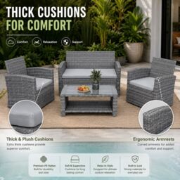 Shatchi 4 Seater Rattan Garden Furniture Set - 2 Chairs, Loveseat Sofa, Coffee Table Outdoor Patio Set in Grey - thumbnail 4