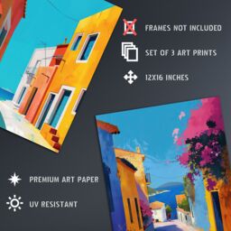 "Artery8 Set of 3 Colourful Greek Coastal Street Paintings A4 Size Art Prints in Blue - Size: W12"" x H16""" - thumbnail 4