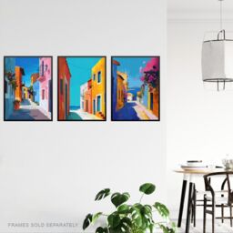 "Artery8 Set of 3 Colourful Greek Coastal Street Paintings A4 Size Art Prints in Blue - Size: W12"" x H16""" - thumbnail 3