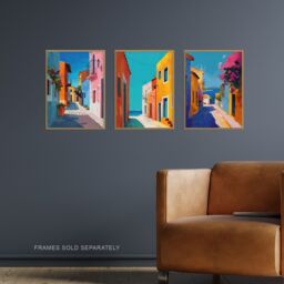 "Artery8 Set of 3 Colourful Greek Coastal Street Paintings A4 Size Art Prints in Blue - Size: W12"" x H16""" - thumbnail 2