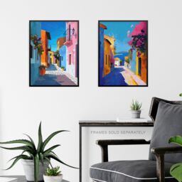 "Artery8 Set of 3 Colourful Greek Coastal Street Paintings A4 Size Art Prints in Blue - Size: W12"" x H16""" - thumbnail 6