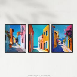 "Artery8 Set of 3 Colourful Greek Coastal Street Paintings A4 Size Art Prints in Blue - Size: W12"" x H16""" - thumbnail 5