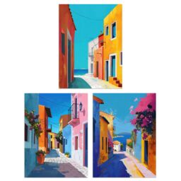 "Artery8 Set of 3 Colourful Greek Coastal Street Paintings A4 Size Art Prints in Blue - Size: W12"" x H16""" - thumbnail 1