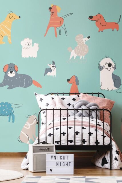 Origin Murals Happy Dogs Wall Mural in Teal - Size: W350 cm x H280 cm - image 1