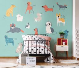 Origin Murals Happy Dogs Wall Mural in Teal - Size: W350 cm x H280 cm - thumbnail 3
