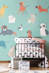 Origin Murals Happy Dogs Wall Mural in Teal - Size: W350 cm x H280 cm - thumbnail 1