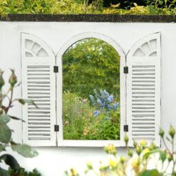 Primrose Antique Glass Garden Mirror with Wooden Outdoor Shutters 2ft 4in x 1ft 6in in Black - thumbnail 1
