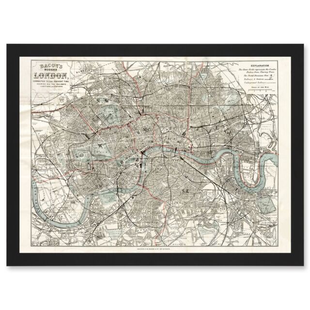 Artery8 Map Bacon 1883 Modern London City England Plan Chart Artwork Framed Wall Art Print A4 in Black - image 1
