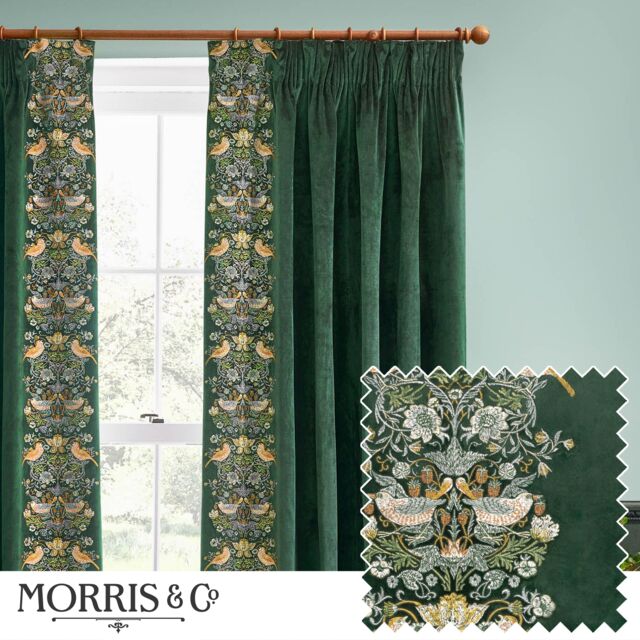 Morris & Co Strawberry Thief Embroidered Velvet Room Darkening Pencil Pleat Curtain Pair in Green - Size: 168 cm width x 229 cm drop - image 1