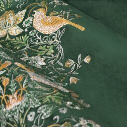 Morris & Co Strawberry Thief Embroidered Velvet Room Darkening Pencil Pleat Curtain Pair in Green - Size: 168 cm width x 229 cm drop - thumbnail 5