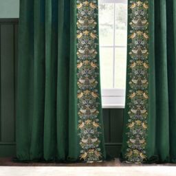 Morris & Co Strawberry Thief Embroidered Velvet Room Darkening Pencil Pleat Curtain Pair in Green - Size: 168 cm width x 229 cm drop - thumbnail 4