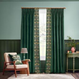 Morris & Co Strawberry Thief Embroidered Velvet Room Darkening Pencil Pleat Curtain Pair in Green - Size: 168 cm width x 229 cm drop - thumbnail 2