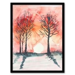 Artery8 Two Trees at Sunset Winter Countryside Landscape Framed Art Print in Pink - Size: A4 - thumbnail 1