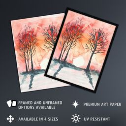 Artery8 Two Trees at Sunset Winter Countryside Landscape Framed Art Print in Pink - Size: A4 - thumbnail 2