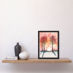 Artery8 Two Trees at Sunset Winter Countryside Landscape Framed Art Print in Pink - Size: A4 - thumbnail 4