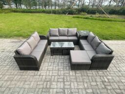 Fimous 12 Seater Rattan Garden Furniture Set Indoor Outdoor Patio Sofa Set with Coffee Table 3 Footstools Side Table Dark Grey Mixed - thumbnail 1