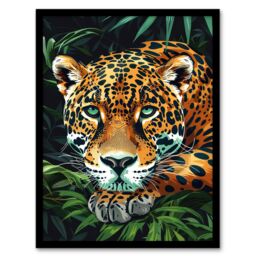 Artery8 Resting Jaguar In Lush Jungle Animal Portrait Framed Art Print in Green - Size: A4 - thumbnail 1