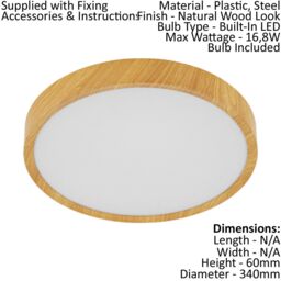 Loops Flush Ceiling Light Colour Natural Wood Look Shade White Plastic Bulb LED 16.8W - thumbnail 2
