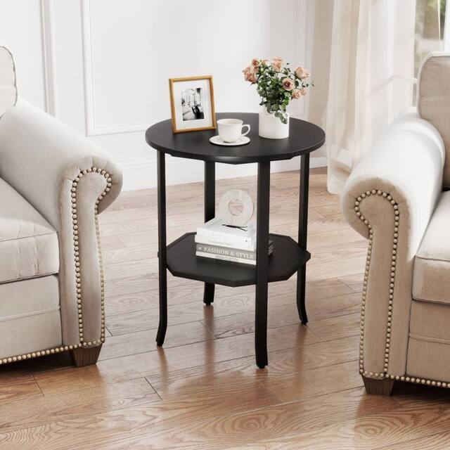 Costway Wooden Round Side Table 2-Tier End Table w/ Storage Shelf in Black - image 1