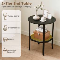 Costway Wooden Round Side Table 2-Tier End Table w/ Storage Shelf in Black - thumbnail 5