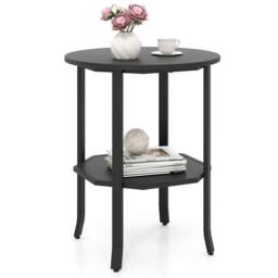 Costway Wooden Round Side Table 2-Tier End Table w/ Storage Shelf in Black - thumbnail 2