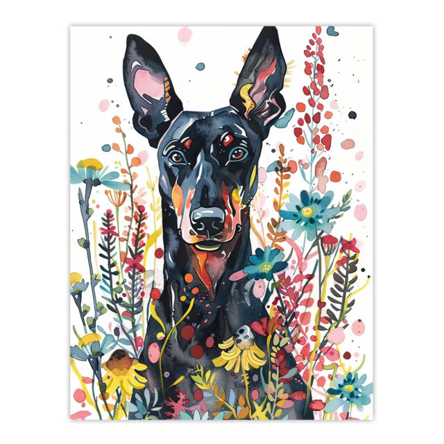 "Artery8 Dog Lover Happy Doberman in Spring Wildflowers Wall Art Print - Size: W18"" x H24""" - image 1