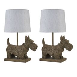 First Choice Lighting Set of 2 Bonnie - Scottie Dog Table Lamps With Oatmeal Linen Shade in Brown