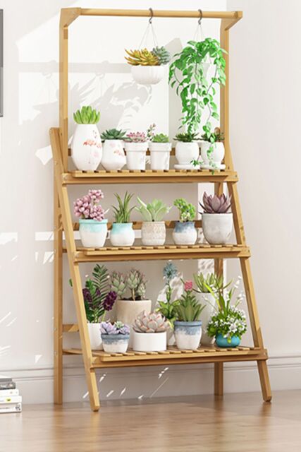 Living and Home 3-Tier Foldable Wooden Ladder Shelf with Hanging Rod Plant Stand Display Rack in Brown - image 1