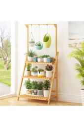 Living and Home 3-Tier Foldable Wooden Ladder Shelf with Hanging Rod Plant Stand Display Rack in Brown - thumbnail 4
