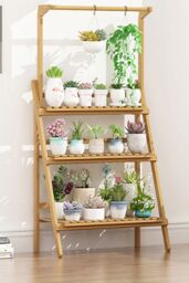 Living and Home 3-Tier Foldable Wooden Ladder Shelf with Hanging Rod Plant Stand Display Rack in Brown