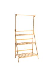 Living and Home 3-Tier Foldable Wooden Ladder Shelf with Hanging Rod Plant Stand Display Rack in Brown - thumbnail 5