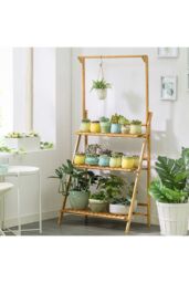 Living and Home 3-Tier Foldable Wooden Ladder Shelf with Hanging Rod Plant Stand Display Rack in Brown - thumbnail 3