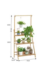 Living and Home 3-Tier Foldable Wooden Ladder Shelf with Hanging Rod Plant Stand Display Rack in Brown - thumbnail 2