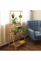 Living and Home 3-Tier Foldable Wooden Ladder Shelf with Hanging Rod Plant Stand Display Rack in Brown - thumbnail 6