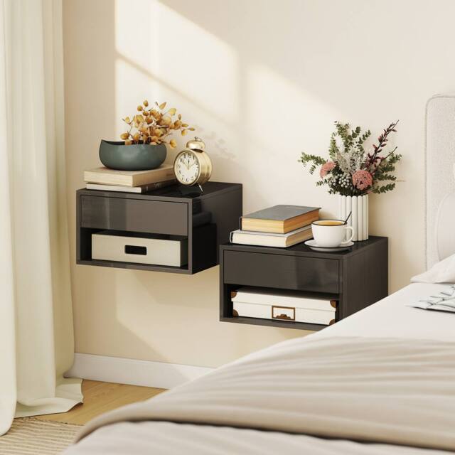 HOMCOM Floating Nightstands Set of 2, Bedside Table w/ Drawer & Open Shelf in Black - image 1