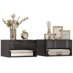 HOMCOM Floating Nightstands Set of 2, Bedside Table w/ Drawer & Open Shelf in Black - thumbnail 2