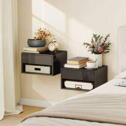 HOMCOM Floating Nightstands Set of 2, Bedside Table w/ Drawer & Open Shelf in Black - thumbnail 1