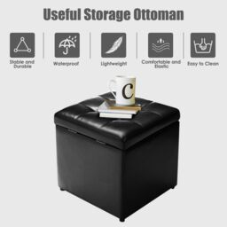 Costway Faux Leather Storage Ottoman Cube Pouffe Storage Toy Box Padded Foot Stool in Black - thumbnail 2