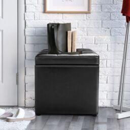 Costway Faux Leather Storage Ottoman Cube Pouffe Storage Toy Box Padded Foot Stool in Black - thumbnail 4