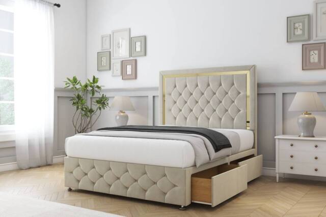 "Sloomy Sofia Gold Plush Divan Set 2 Drawers-54"" Headboard-Footboard in Cream - Size: Double" - image 1