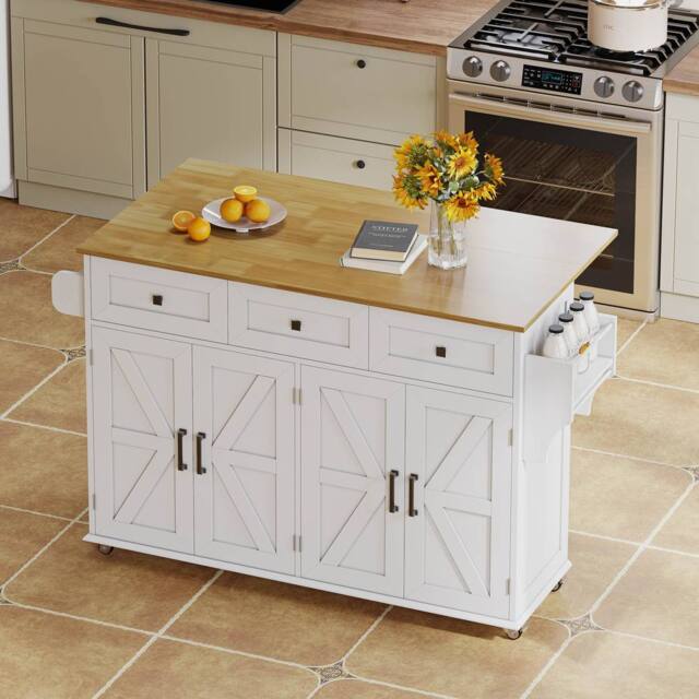 Merax White Barn Style Rolling Kitchen Island with Foldable Worktop - image 1