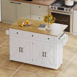 Merax White Barn Style Rolling Kitchen Island with Foldable Worktop - thumbnail 1